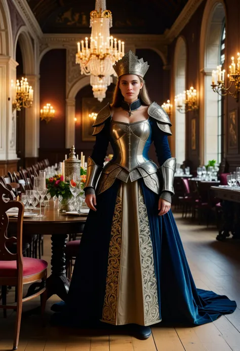 (art in the style of claude monet) of a  medieval soldier woman,            wearing  Great helm with eye slits, surcoat with fleur-de-lis motif, articulated plate breastplate, leather gauntlets with metal accents, plate greaves, steel sabatons, holding Steel mace with spiked flanges           ,set in medieval era,  Banquet Hall, Lavish chamber with long dining tables draped in rich fabrics, gilded candelabras casting warm light, elaborate floral centerpieces, polished wooden floors, and plush velvet cushions on high-backed chairs , at sunset, award winning, very aesthetic