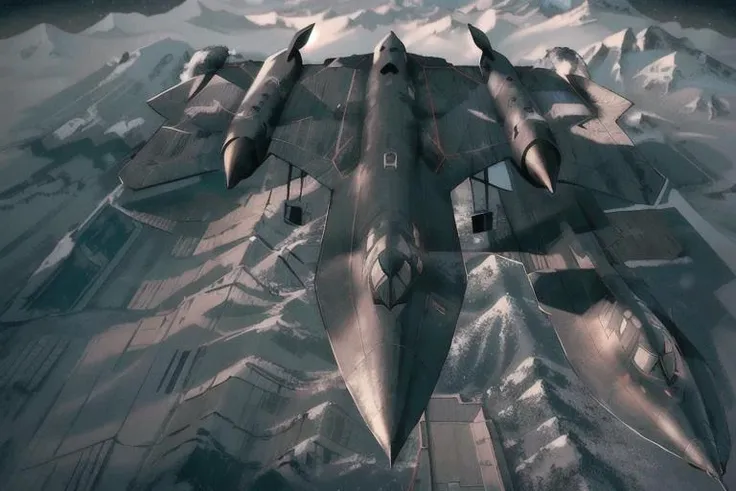 analog gloomy aerial photo of a blackbird stealth plane, <lora:bl4ckb1rd:1>, ((nighttime)), (orbit of earth), snowy mountains down below, High Detail, Sharp focus, (photorealism), realistic, best quality, 8k, award winning, dramatic lighting, epic, cinematic, masterpiece, rim light, action , war, depth of field, dutch angle,
