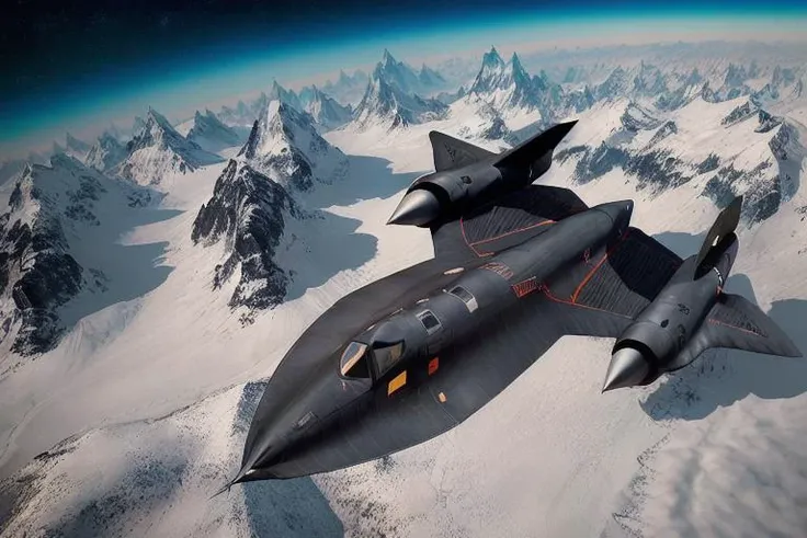 analog gloomy aerial photo of a blackbird stealth plane, <lora:bl4ckb1rd:1>, ((nighttime)), (orbit of earth), snowy mountains down below, High Detail, Sharp focus, (photorealism), realistic, best quality, 8k, award winning, dramatic lighting, epic, cinematic, masterpiece, rim light, action , war,