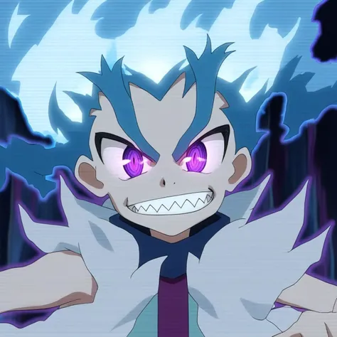 anime style, Lui shirosagi, flame-shaped hair, fire-shaped hair, pale-skinned, boy with light-blue and white hair, violet eyes, aura, 3 rings in the eye, ringed eyes, sharp teeth,