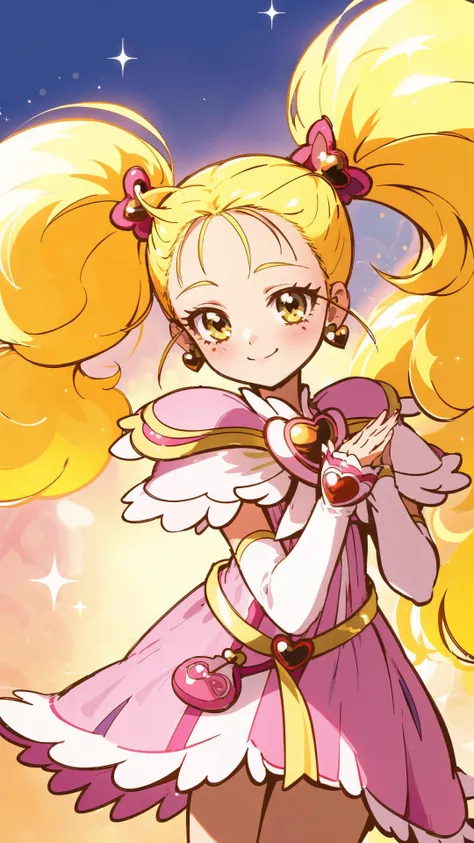 <lora:shiny_luminaus:1> Shiny, 1girl, solo, blonde hair, long hair, twin tails, heart brooch, jewelry, magical girl, dress, knee boots
cowboy shot, smile, from side, looking at viewer, chest focus, cute pose
heart, heart mark