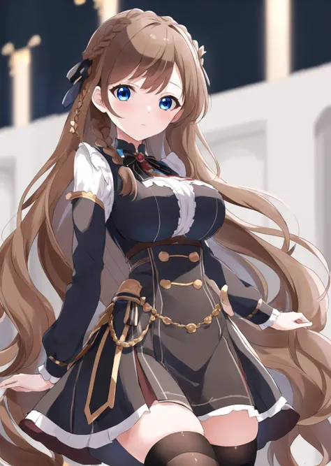 masterpiece, best quality,   1girl, solo, breasts, thighhighs, long hair, blue eyes, brown hair, braid, twin braids, large breasts, dress, very long hair,  simple background