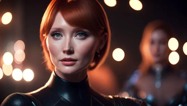 (1girl:1.2), busty Attractive (bryce dallas howard|teri polo), a secret society of shapeshifting humans [scifi|fantasy] a crowded cyberpunk nightclub in the background, (looking at viewer:1.2), perfect face, detailed face, seductive face, detailed eyes, perfect eyes,  detailed hair, cinematic lighting, atmosphere, bokeh, 8k, photorealistic, Rim lighting,