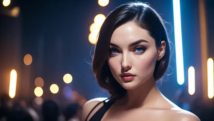 A busty Attractive (Sasha Grey|ana de armas), a secret society of shapeshifting humans [scifi|fantasy] a crowded cyberpunk nightclub in the background, (looking at viewer:1.2), perfect face, detailed face, seductive face, (blue eyes:1.2), detailed eyes, perfect eyes,  detailed hair, cinematic lighting, atmosphere, bokeh, 8k, photorealistic, Rim lighting,