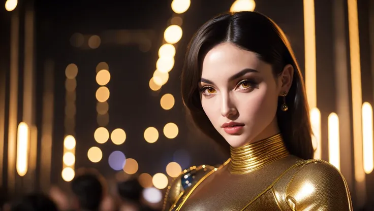 A busty Attractive (Sasha Grey|ana de armas), a secret society of shapeshifting humans [scifi|fantasy] a crowded cyberpunk nightclub in the background, (looking at viewer:1.2), perfect face, detailed face, seductive face, (gold eyes:1), detailed eyes, perfect eyes,  detailed hair, cinematic lighting, atmosphere, bokeh, 8k, photorealistic, Rim lighting,