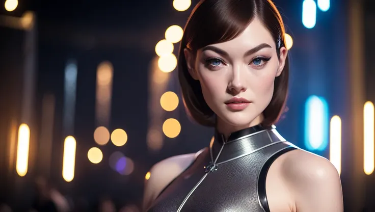 A busty Attractive (Sasha Grey|Emma Stone), a secret society of shapeshifting humans [scifi|fantasy] a crowded cyberpunk nightclub in the background, (looking at viewer:1.2), perfect face, detailed face, seductive face, (pale blue eyes:1), detailed eyes, perfect eyes,  detailed hair, cinematic lighting, atmosphere, bokeh, 8k, photorealistic, Rim lighting,