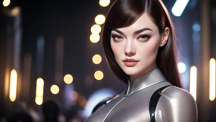 A busty Attractive (Sasha Grey|Emma Stone), a secret society of shapeshifting humans [scifi|fantasy] a crowded cyberpunk nightclub in the background, (looking at viewer:1.2), perfect face, detailed face, seductive face, (pale grey eyes:1), detailed eyes, perfect eyes,  detailed hair, cinematic lighting, atmosphere, bokeh, 8k, photorealistic, Rim lighting,