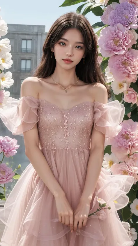 (best quality),[masterpiece],((beautiful:0.75) cute girl:0.75),[clear and clean] pixiv (illustration),long hair,knees up,necklace,jewelry,standing,looking at viewer,front lens,blue flower,(surrounded by flower:1.3),too many flowers,(floral background:1.2),(multicolored flowers:1.2), 
<lora:add_detail:0.8> 
<lora:evening dress S5:0.7>  dress,