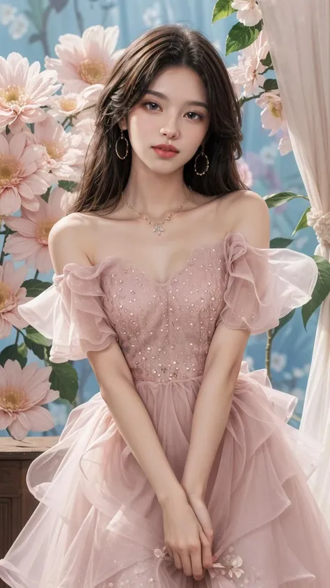 (best quality),[masterpiece],((beautiful:0.75) cute girl:0.75),[clear and clean] pixiv (illustration),long hair,knees up,necklace,jewelry,standing,looking at viewer,front lens,blue flower,(surrounded by flower:1.3),too many flowers,(floral background:1.2), 
<lora:add_detail:0.8> 
<lora:evening dress S5:0.7>  dress,