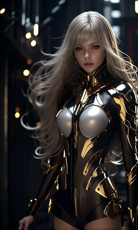 (dramatic, gritty, intense:1.4),masterpiece, best quality, 8k, insane details, intricate details, hyperdetailed, hyper quality, high detail, ultra detailed, Masterpiece,white hair(full body:1.1), (Milky skin, shiny skin:1.4)
a picture of an anime girl in golden armor, in the style of hyper-realistic sci-fi, light silver and light black, animated gifs, dark black, delicate constructions, glossy finish, machine-like precision big tits