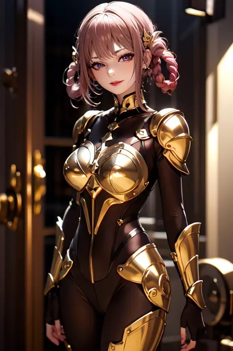 une femme, 25 ans, manga, cheveux longs, cheveux de couleur violette, armure d'or, dans le brouillard, feu follets, Ghosts, Highly detailed armor, gravures, armure du cancer, saint seiya, zodiaque, cosmos, cancer, chevalier du zodiaque, dans un temple de Grèce antique, graveyard, pierres tombales, dans la brume, topless, sexy