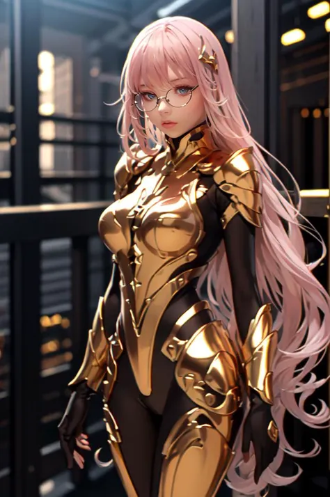 <lora:golden armor_20230810181640:0.8> <lora:LIP:0.9> glasses, (cowboy shot:1.3),, ultra detailed, masterpiece, best quality, aesthetic, detailed,, valkyrie, (bodysuit:1.1), pink wing hair ornament, grey armored skirt, black bodysuit, armor, gauntlets, pink breastplate, greaves, armored dress, pink hues,