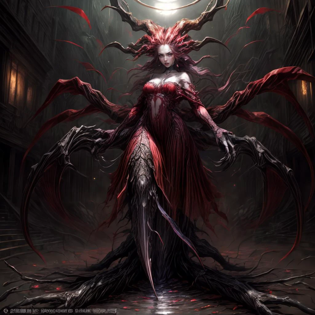 (establishing-shot:1.5), masterpiece, best quality, ((dark fantasy:1.2)), ((intricate)),1girl,solo, eve, pale skin, red dress, tail, long arms ,spiky hair, claws, night time, Hospital, melancholy, <lora:Gloomifier_slider_LECO_500w:0.5>, <lora:hairdetailer:0.7>, <lora:add_detail:0.7> <lora:more_details:1>, <lora:Mitochondria_Eve:1>