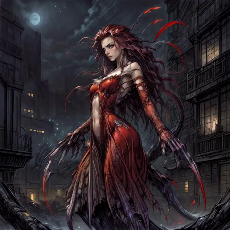 [greg rutkowski] [by Milo Manara] (establishing-shot:1.5), masterpiece, best quality, ((dark fantasy:1.2)), ((intricate)), oil on canvas, (dry brush illustration of 1girl,solo, eve,  red dress, tail, long arms ,spiky hair,  claws, night time,  Hospital, melancholy, <lora:Gloomifier_slider_LECO_500w:0.5>,  <lora:hairdetailer:0.7>,  <lora:add_detail:0.7> methurlant, <lora:methurlant:0.8> <lora:more_details:1>,  <lora:Mitochondria_Eve:1>