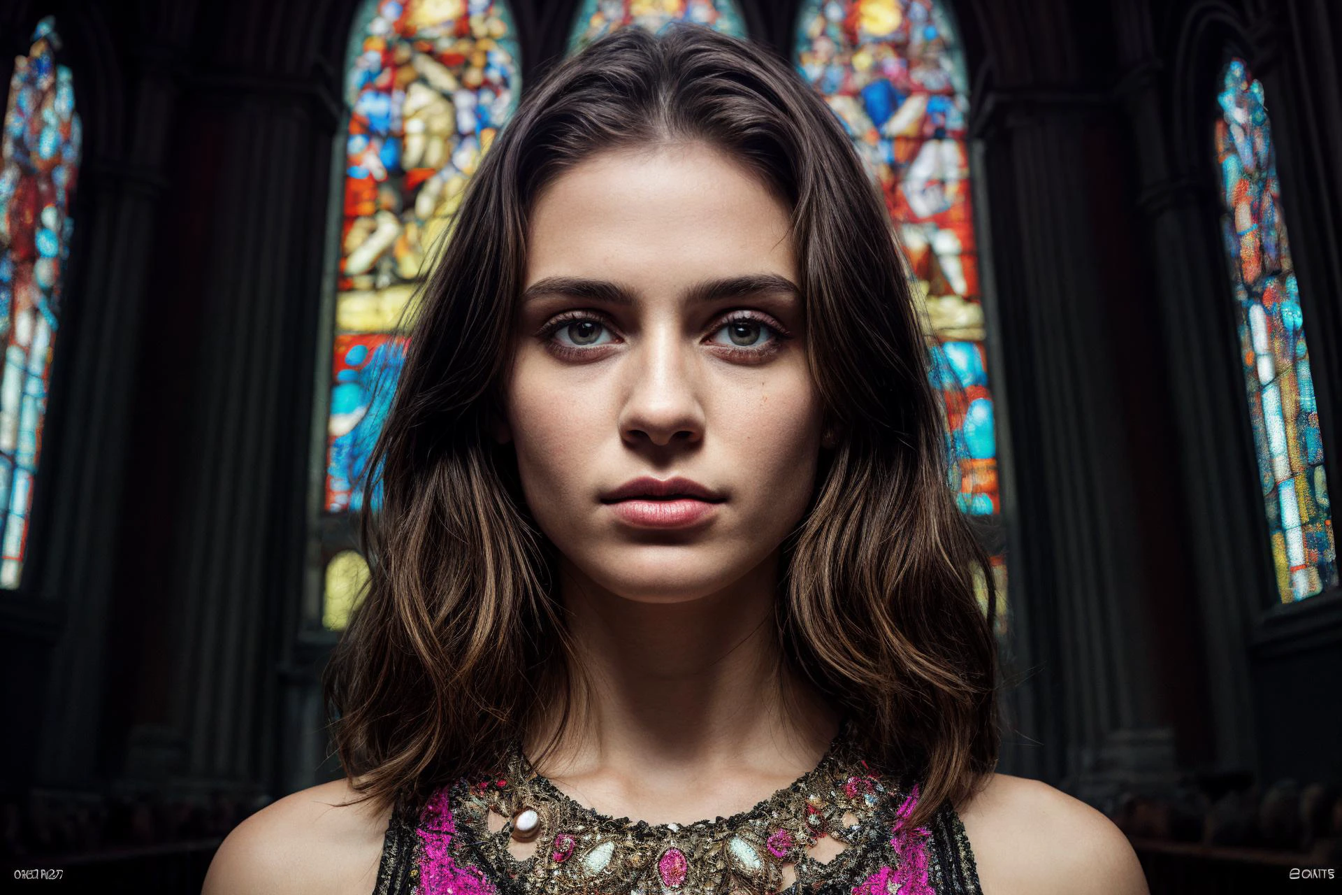 (Masterpiece,best quality,hyper realistic),standing,posing for a picture in a historic roman catholic church during an orchestral light show,lasers,neons,glowing,psychedelic,stained glass,vivid colors,poly-chromatic,full_body,wide angle,
puffy lips,in a dress dress,jewelry,wearing portrait,realistic,photorealistic,epiCRealism,
<lora:add_detail:1>