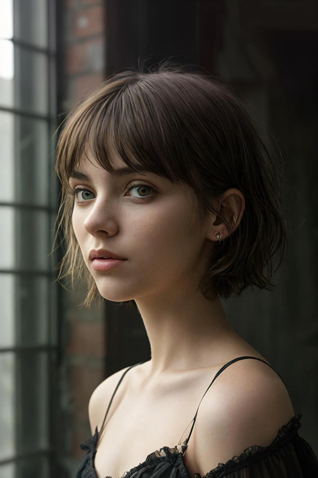 20 yo girl,cute,long bobcut,brunette,dark green eyes,round face,torn clothes,night,indoor,black mascara,lipstick,transparent top,goth,abandoned building,fog,gritty,messy hair,close-up, realistic, photorealistic, epiCRealism, masterpiece, best quality,