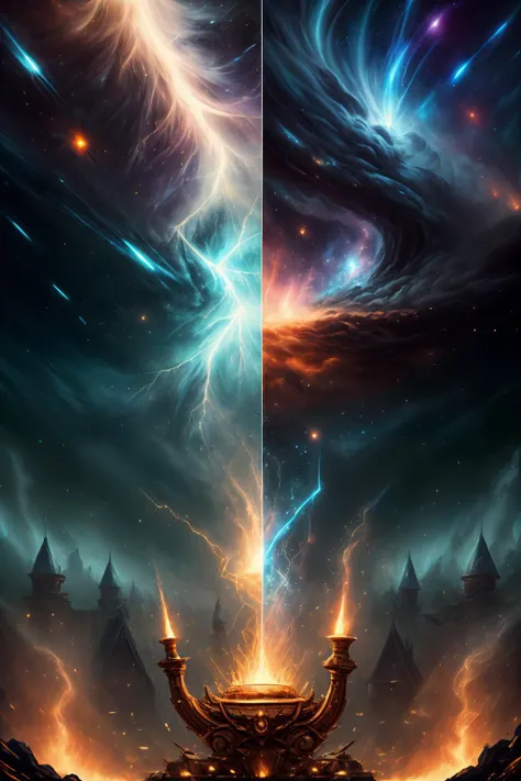 A breathtaking blend of Sebastien Hue's signature style and awe-inspiring sci-fi posters,showcasing an extravagant universe where intricate patterns form hypnotic constellations of light amidst swirling nebulae,<lora:ElementalMagicAIv2:1>,lightningmagicai vs firemagicai vs icemagicai,<lora:add_detail:1.4>,<lora:hyperrefiner_v090:1>,<lora:epi_noiseoffset2:0.5>,fractal quadrant,