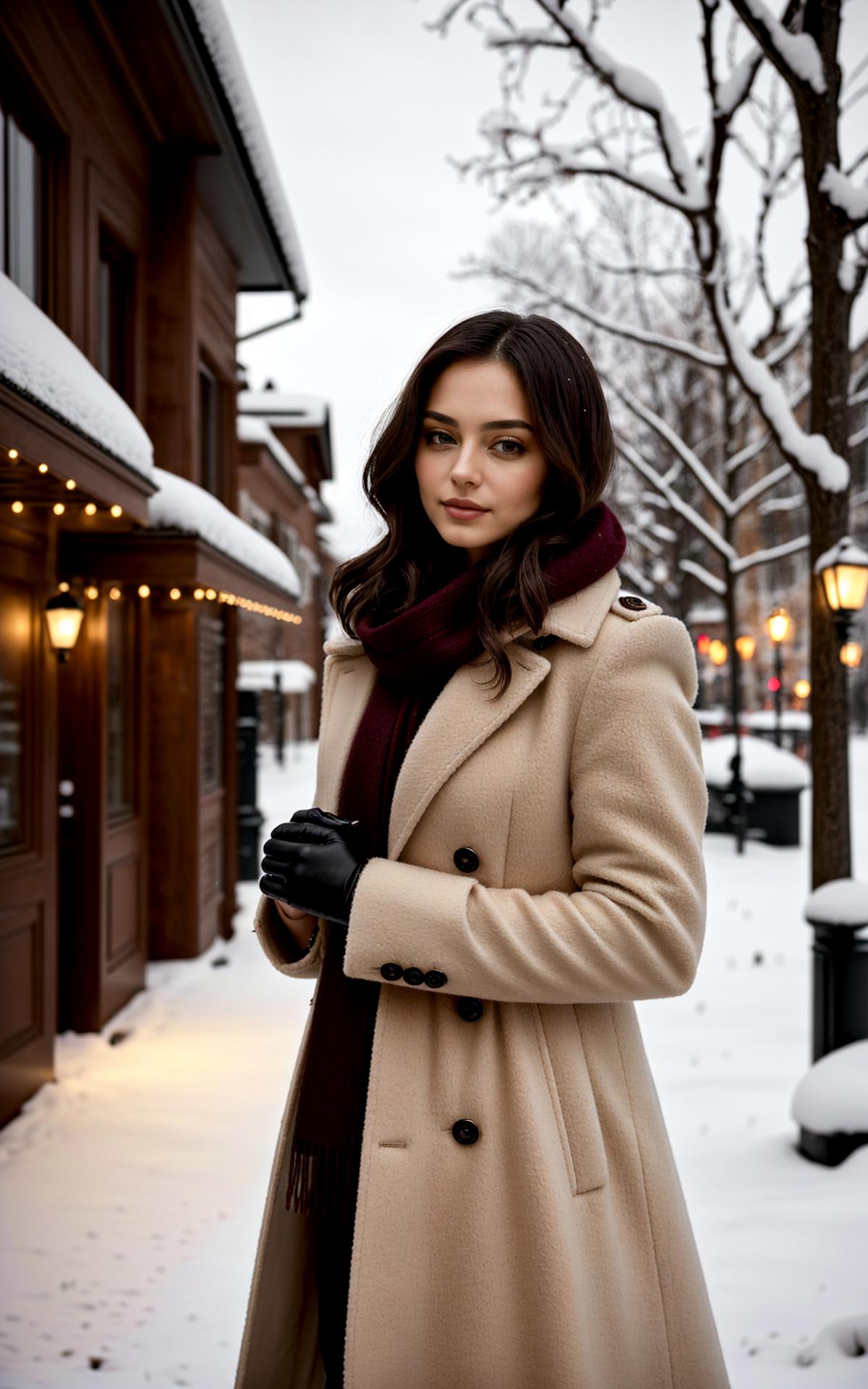 Arafed woman in a coat and scarf standing in the snow - SeaArt AI