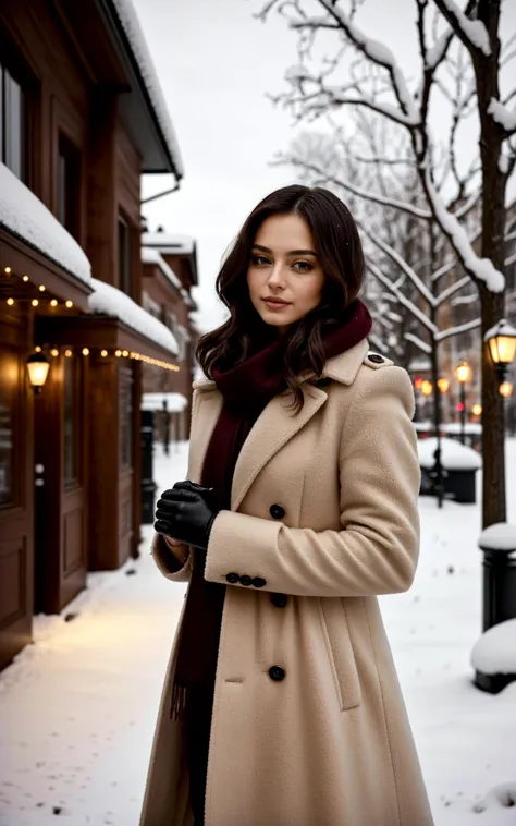 (style of Ilya Kuvshino, [OverallDetail:HairDetail fHandDetail SkinDetail :0.7]:1.2),  [winter:high-fashion:0.7] setting, a young adult woman striking an elegant pose amidst a snowy urban landscape, featuring a luxurious wool coat, tailored to perfection with a cinched waist and exaggerated lapels, rich burgundy color, texture visible, complemented by a cashmere scarf in a soft, contrasting hue, draped effortlessly around the neck, knee-high suede boots in a deep espresso, a touch of sophistication, delicate leather gloves adorning her hands, a subtle nod to classic elegance, softly curled hair tumbling over her shoulders, makeup natural with a hint of rosiness on cheeks and lips, capturing the essence of winter warmth and style, snowflakes gently falling around, creating a serene, almost magical atmosphere, soft golden hour light casting a warm glow, highlighting the intricate details of the coat, the backdrop a blend of historic architecture and modern elements, creating a juxtaposition of timelessness and contemporary fashion, her expression serene and confident, embodying the spirit of a modern, stylish winter.