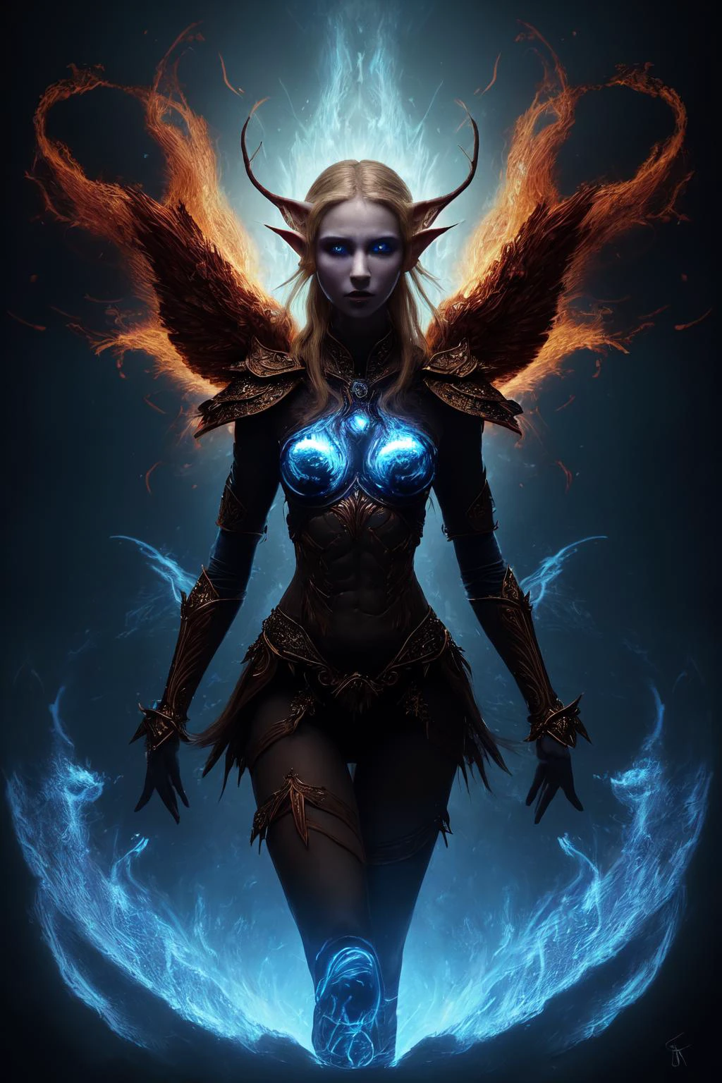 (masterpiece, best quality, fullscreen),[(full body:0.9)::0.2] portrait (photo of a Meticulous fire [magical being:female:0.2]:1.4),<lora:EYES Fire:0.6>,red fire,(Avian:0.9),(red glowing Feathered Appendages Luminous skin:1.2),(Fireballs),(human body with super model face and with elf features:1.4),<lora:EFFECT ElementalMagicAIv2:0.1>,firemagicai,<lora:EFFECT Fire_VFX-000010:0.3>,pyrokinesis,fire magic,fireball,<lora:EFFECT ral-smoldragons-sd15:0.4>,ral-smoldragons,(fiery White-hot background:1),(Dramatic Shadows),(Blue Ambient Lighting lighting:1.1),(look at the viewer:0.9),<lora:LIGHT NOISEOFFSET_V2_BY_STABLE_YOGI:0.8>,two-tone,low key,darkness,<lora:QUALITY add_detail:0.4>,<lora:QUALITY kkw-better-v1.0a:0.1>,(Full body Shot, Shallow Focus Shot, Low Angle Shot:[1.2:0.5:0.1]),heavily detailed,whimsical,fantasy,eerie,(sharp focus),(no humans),emely detailed,4k,backlit,metal armor