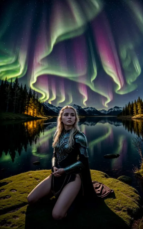 (style of Ilya Kuvshino, [OverallDetail:HairDetail fHandDetail SkinDetail :0.7]:1.2),  (cowboy shot, solo_focus, cinematic photoshoot of perfect seductive young woman:1.3), In the heart of a moonlit, ancient forest, a solitary Valkyrie kneels beside a serene lake. The water mirrors the night sky, dotted with constellations. Around her, ethereal, glowing runes float gently in the air, casting a soft light on her armor. The scene is enveloped in a profound silence, broken only by the distant, haunting calls of nocturnal creatures. Above, the Northern Lights dance solemnly, reflecting her somber expression as she contemplates the fallen warriors' souls she's destined to guide to Valhalla. The forest around her is both beautiful and melancholic, imbued with a sense of timeless reverence and a deep connection to the ancient Norse legends.