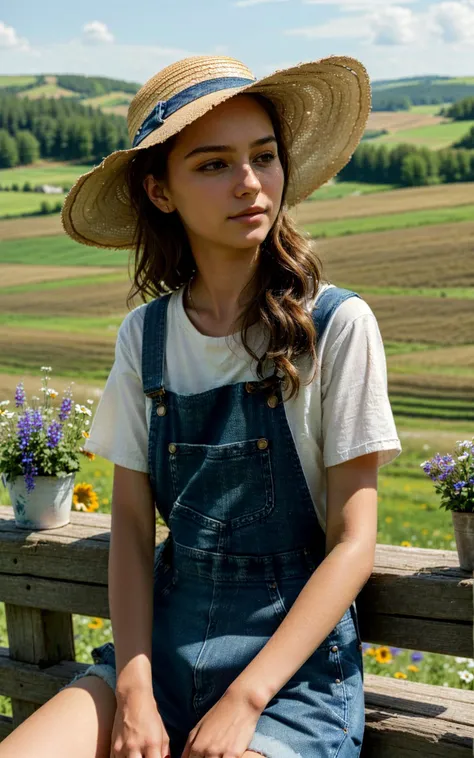 (style of Ilya Kuvshino, [OverallDetail:HairDetail fHandDetail SkinDetail :0.7]:1.2),  (quaint countryside setting, summer day), young adult woman, rustic casual summer fashion, (sitting on a wooden fence), thoughtful and serene pose, shoulder-length curly hair, light, sun-kissed makeup, (denim overalls over a simple white tshirt), comfortable boots, (holding a straw hat), (background: rolling hills, a distant barn, wildflowers), soft sunlight, (sense of relaxation and connection with the rural landscape)