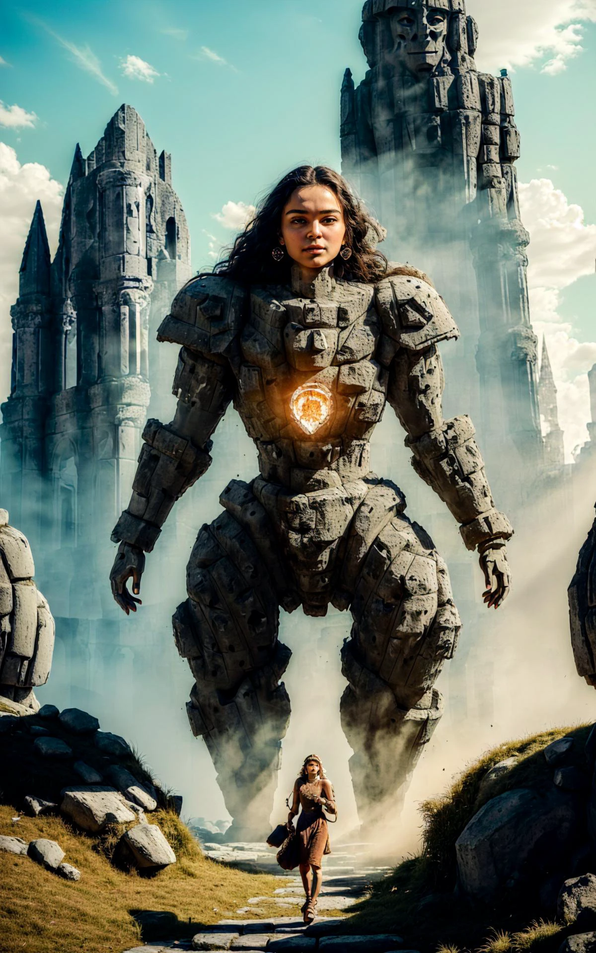 (style of Ilya Kuvshino, [OverallDetail:HairDetail fHandDetail SkinDetail :0.7]:1.2),  (mythical cinematic establishing shot of gorgeous woman, highly detailed background:1.2), volumetric lighting, subsurface scattering, dynamic pose, (special effects, color grading, fantasy aura), (Stone Golem:1.4), Amidst ancient ruins, rough texture contrast, imposing size