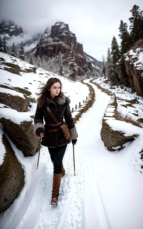 (style of Ilya Kuvshino, [OverallDetail:HairDetail fHandDetail SkinDetail :0.7]:1.2),  (cowboy shot, solo-focus, cinematic photoshoot of perfect seductive young woman Navigating a Treacherous Mountain Path in a Blizzard:1.3), perilous journey along a snow-laden mountain path, with fierce blizzard winds sculpting surreal snowdrifts and ice formations, under a brooding, stormy sky.