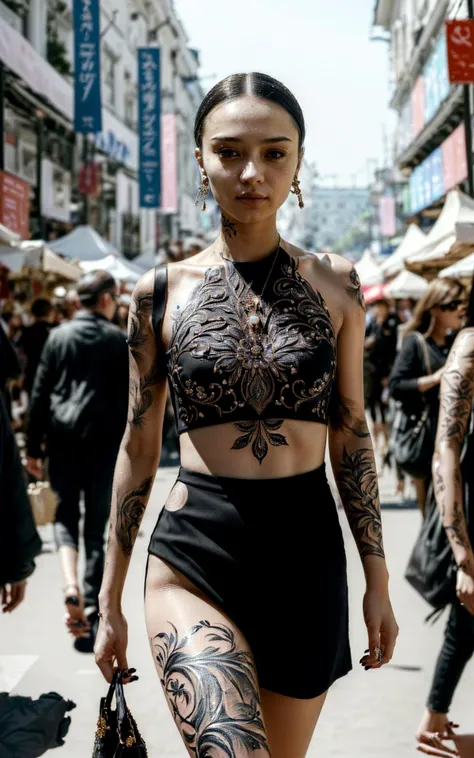 (style of Ilya Kuvshino, [OverallDetail:HairDetail fHandDetail SkinDetail :0.7]:1.2),  A woman with augmented reality tattoos, which change with her emotions, walks through a market of digital and physical goods, blending cultures and tech.