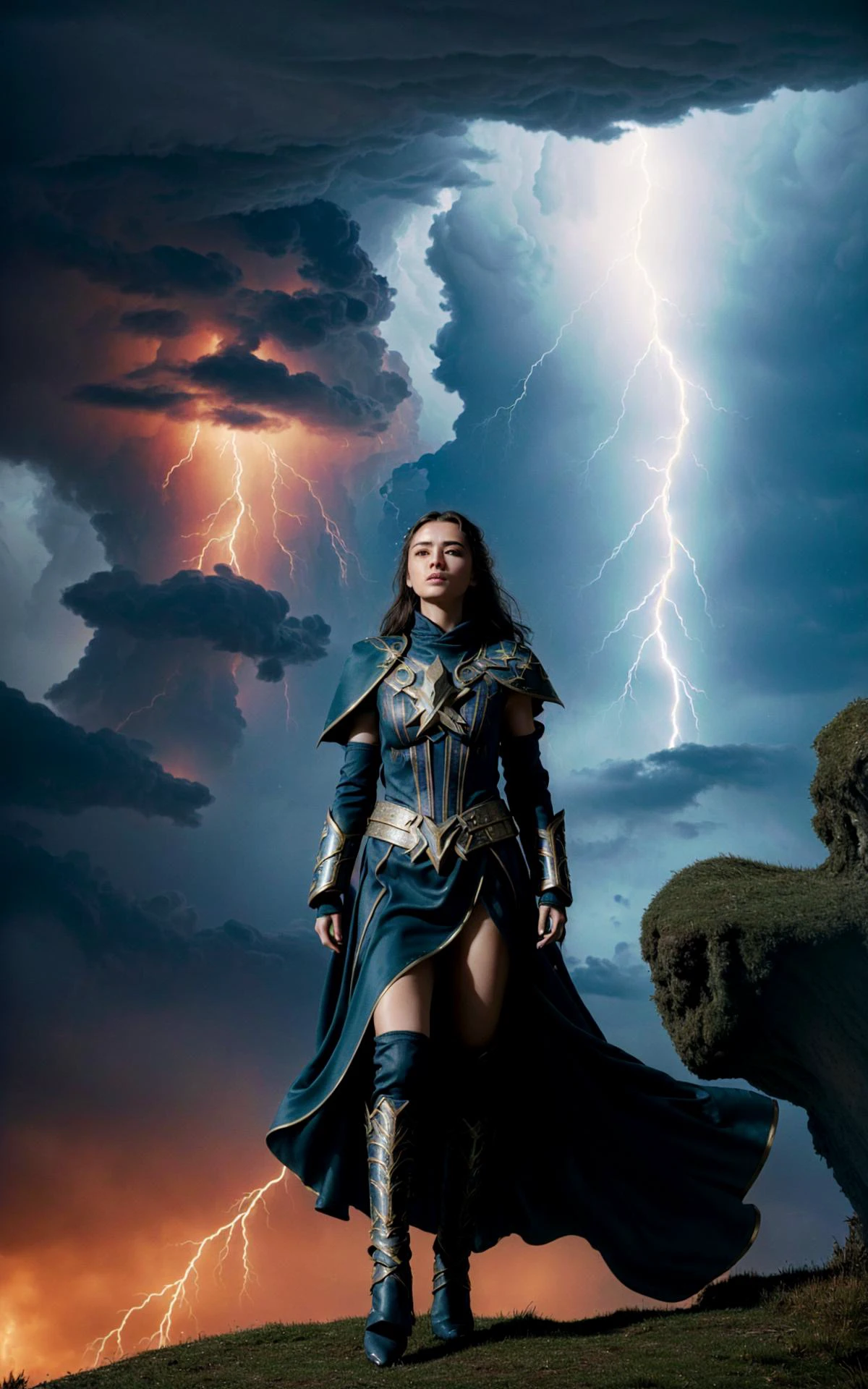 (style of Ilya Kuvshino, [OverallDetail:HairDetail fHandDetail SkinDetail :0.7]:1.2),  (mythical cinematic establishing shot of gorgeous woman, highly detailed background:1.2), volumetric lighting, subsurface scattering, dynamic pose, (special effects, color grading, fantasy aura), (Stormcaller:1.4), (Medium Covered breasts:0.81), Thunderclouds, lightning bolt, tempest robes, commanding presence