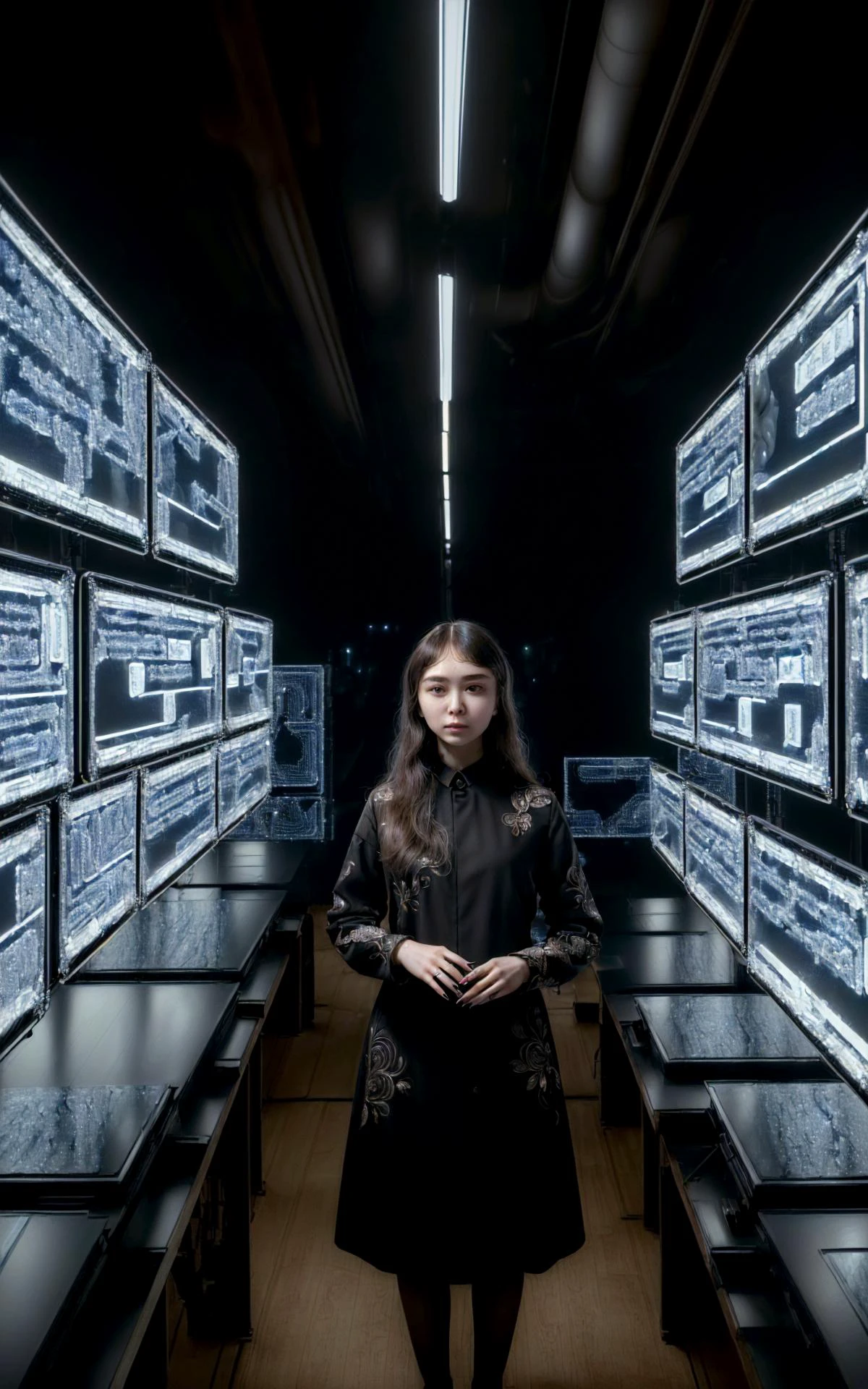 (style of Ilya Kuvshino, [OverallDetail:HairDetail fHandDetail SkinDetail :0.7]:1.2),  A woman, a pioneering AI developer, stands in her lab, surrounded by screens displaying code and digital consciousness, reflecting the dawn of sentient machines.
