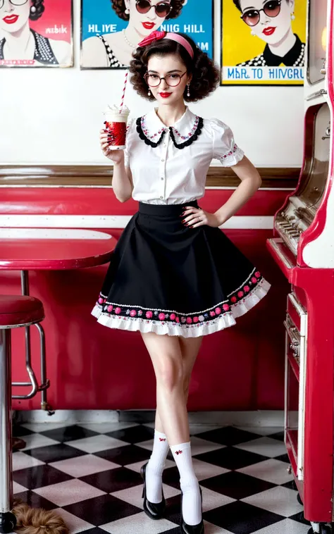 (style of Ilya Kuvshino, [OverallDetail:HairDetail fHandDetail SkinDetail :0.7]:1.2),  bustling 1950s American diner, neon lights, jukebox in the corner, ((eye-catching poodle skirt)), classic knee-length, vivid pink with a playful, embroidered black poodle design, fluffy petticoat underneath, paired with a crisp, white blouse, short sleeves, delicate pearl buttons, (( woman)), Caucasian, brunette ponytail, bouncy curls, cherry red lipstick, cat-eye glasses with rhinestone accents, white bobby socks, black saddle shoes, holding a milkshake with a striped straw, surrounded by vintage posters, checkerboard floor, nostalgic and vibrant atmosphere, capturing the essence of exuberance and 1950s fashion