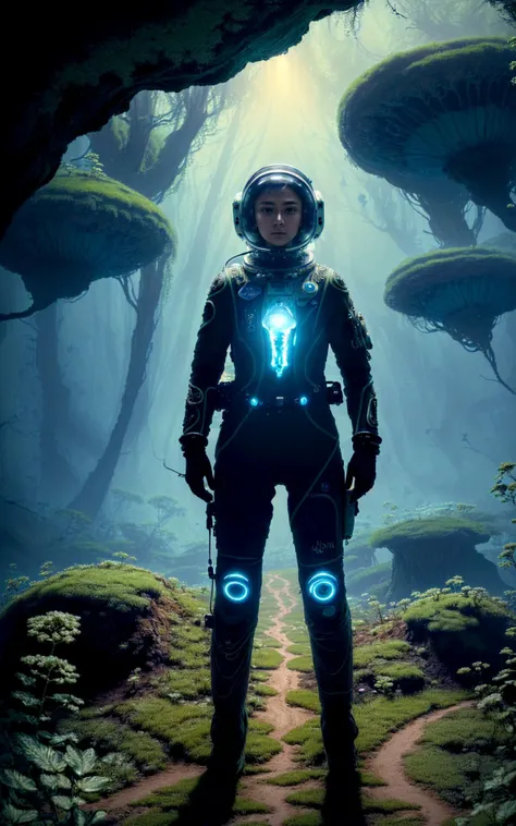 (style of Ilya Kuvshino, [OverallDetail:HairDetail fHandDetail SkinDetail :0.7]:1.2),  A woman astronaut explores a lush alien planet, surrounded by bioluminescent flora and floating rivers, her suit blending with the environment's vibrant hues.