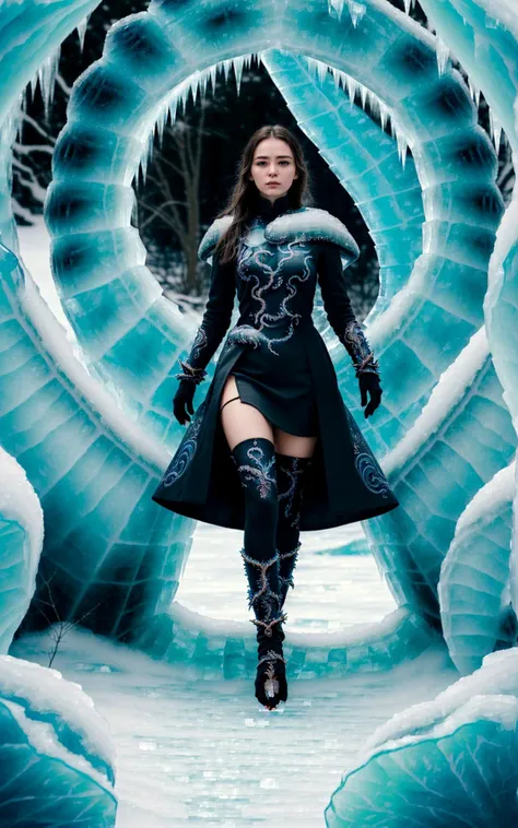 (style of Ilya Kuvshino, [OverallDetail:HairDetail fHandDetail SkinDetail :0.7]:1.2),  (sexy , masterpiece, wide angle, cinematic establishing shot, young adult european woman, highly detailed background:1.2), volumetric lighting, subsurface scattering, dynamic pose, (special effects, color grading, fantasy aura), (Ice Wyrm:1.4), Coiling through a blizzard, serpentine form, cold color palette