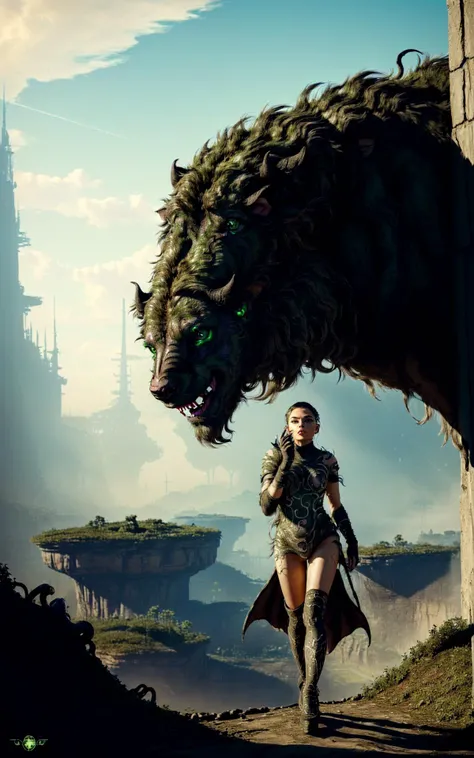 (style of Ilya Kuvshino, [OverallDetail:HairDetail fHandDetail SkinDetail :0.7]:1.2),  (mythical cinematic establishing shot of gorgeous woman, highly detailed background:1.2), volumetric lighting, subsurface scattering, dynamic pose, (special effects, color grading, fantasy aura), (Toxic Chimera:1.4), (n a poisoned wasteland, dynamic angles, menacing posture