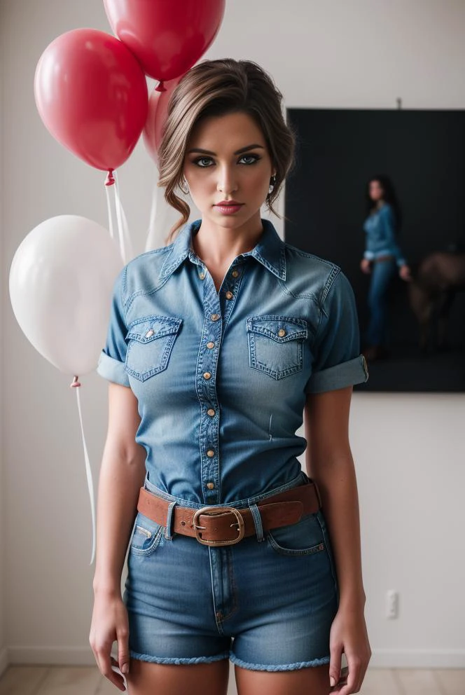 fashion portrait photo of beautiful cowgirl standing in the middle of a ton of white balloons, a ton of red balloons, shocked, (denim short), (denim shirt), (cowboy leather belt),indoor, studio photo, (chiaroscuro photo), (RAW photo), fotorealist, perfect body, perfect hands, perfect arms, perfect legs, perfect fingers, pretty, perfect eyes, perfect nose