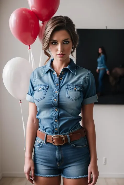 fashion portrait photo of beautiful cowgirl standing in the middle of a ton of white balloons,  a ton of red balloons, shocked, (denim short), (denim shirt), (cowboy leather belt),indoor, studio photo, (chiaroscuro photo), (RAW photo), fotorealist, perfect body, perfect hands, perfect arms, perfect legs, perfect fingers, pretty, perfect eyes, perfect nose