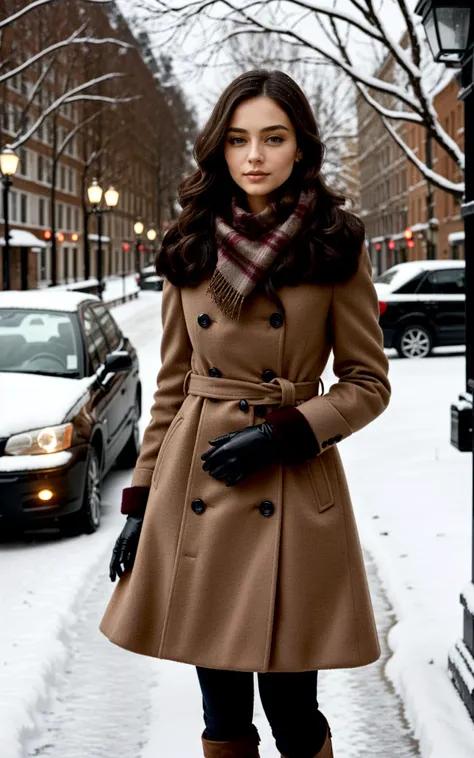 (style of Ilya Kuvshino, [OverallDetail:HairDetail fHandDetail SkinDetail :0.7]:1.2),  [winter:high-fashion:0.7] setting, a young adult woman striking an elegant pose amidst a snowy urban landscape, featuring a luxurious wool coat, tailored to perfection with a cinched waist and exaggerated lapels, rich burgundy color, texture visible, complemented by a cashmere scarf in a soft, contrasting hue, draped effortlessly around the neck, knee-high suede boots in a deep espresso, a touch of sophistication, delicate leather gloves adorning her hands, a subtle nod to classic elegance, softly curled hair tumbling over her shoulders, makeup natural with a hint of rosiness on cheeks and lips, capturing the essence of winter warmth and style, snowflakes gently falling around, creating a serene, almost magical atmosphere, soft golden hour light casting a warm glow, highlighting the intricate details of the coat, the backdrop a blend of historic architecture and modern elements, creating a juxtaposition of timelessness and contemporary fashion, her expression serene and confident, embodying the spirit of a modern, stylish winter.