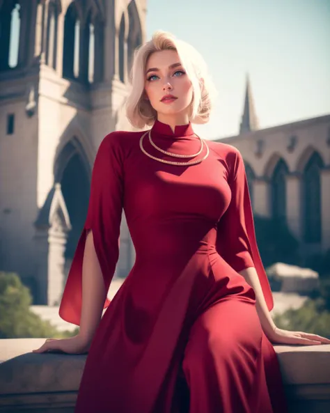 cinematic film still adult woman, beautiful, american,  platinum blonde chignon hair,  blue eyes, wearing red dress, dr3ss, wearing  (applique), (pants), <lora:AoDai-30:0.75>, high quality, best quality, highres, 8k, rim lighting, outdoors, cathedral backdrop, necklace . shallow depth of field, vignette, highly detailed, high budget, bokeh, cinemascope, moody, epic, gorgeous, film grain, grainy