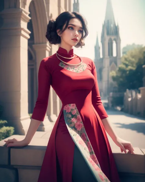 cinematic film still adult woman, beautiful, american,  red chignon hair,  blue eyes, wearing dress, dr3ss, wearing  red dress, (floral print), (pants), <lora:AoDai-30:0.75>, high quality, best quality, highres, 8k, rim lighting, outdoors, cathedral backdrop, necklace . shallow depth of field, vignette, highly detailed, high budget, bokeh, cinemascope, moody, epic, gorgeous, film grain, grainy