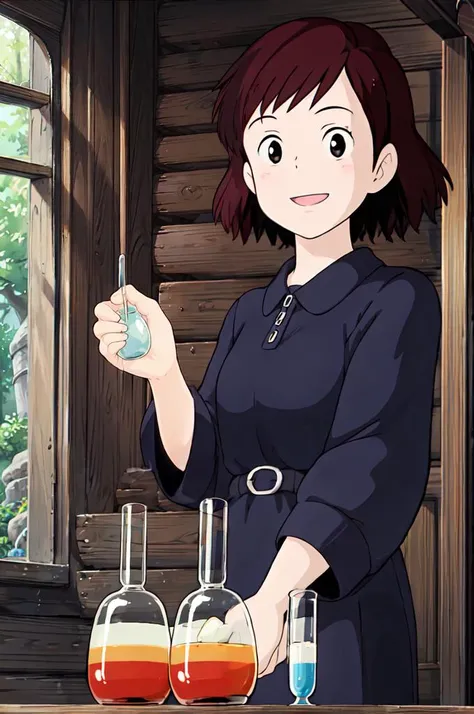 <lora:add_detail:0.5> looking at viewer, smile, Kiki, 1girl, tall, mature, long hair, black dress, nature, upper body, mixing potions on a table, <lora:Kiki003:0.7>,