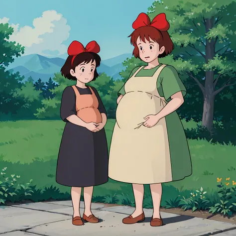 <lora:Kiki003:0.7>,nature,2girls,
Kiki,1girl,
short hair,
brown hair,
black eyes,
hair bow,
black dress,
brown footwear,
and,
BREAK
Osono,1woman,
Red hair,
short hair,
dark eyes,
freckles,
white apron,dress,
green shirt,
brown footwear,
pregnant,