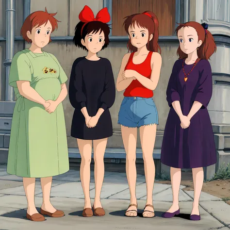 <lora:Kiki003:0.7>,<lora:add_detail:1>,<lora:boldline:-0.8>,<lora:noline:0.3>,
ADDBASE,4girls,full body,
Osono,1woman,Red hair,short hair,dark eyes,freckles,
white apron,dress,green shirt,brown footwear,
pregnant,
ADDCOL,4girls,full body,
Kiki,1girl,short hair,brown hair,black eyes,
hair bow,black dress,brown footwear,
and,
Jiji,cat,
ADDCOL,4girls,full body,
Ursula,1girl,Ponytail,brown hair,long hair,dark eyes,
tank top,denim shorts,
ADDCOL,4girls,full body,
Senior_Witch,1girl,Brown hair,twintails,long hair,blue eyes,
necklace,heart earrings,
purple dress,black footwear,
