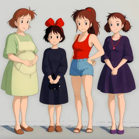 <lora:Kiki003:0.7>,<lora:add_detail:1>,<lora:boldline:-0.8>,<lora:noline:0.3>,looking at viewer,smile,
ADDBASE,4girls,full body,
Osono,1woman,Red hair,short hair,dark eyes,freckles,
white apron,dress,green shirt,brown footwear,
pregnant,
ADDCOL,4girls,full body,
Kiki,1girl,short hair,brown hair,black eyes,
hair bow,black dress,brown footwear,
and,
Jiji,cat,
ADDCOL,4girls,full body,
Ursula,1girl,Ponytail,brown hair,long hair,dark eyes,
tank top,denim shorts,
ADDCOL,4girls,full body,
Senior_Witch,1girl,Brown hair,twintails,long hair,blue eyes,
necklace,heart earrings,
purple dress,black footwear,