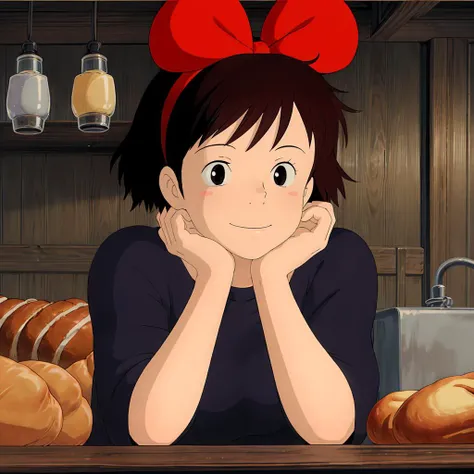<lora:Kiki003:0.7>,<lora:add_detail:1>,<lora:boldline:-0.8>,<lora:noline:0.3>,
Kiki,1girl,short hair,brown hair,black eyes,hair bow,
looking at viewer,black dress,upper body,closed mouth,smile,head rest,indoors,bakery,bread,food,sitting,counter,table,chair,solo,parody,