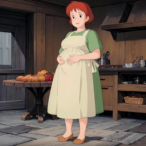 <lora:Kiki003:0.7>,<lora:add_detail:0.8>,<lora:boldline:-0.8>,<lora:noline:0.3>,
Osono,1woman,
Red hair,
short hair,
dark eyes,
freckles,
white apron,dress,
green shirt,
brown footwear,
pregnant,