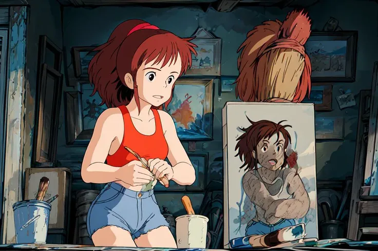 <lora:add_detail:0.8> Ursula, 1girl, solo, Ponytail, brown hair, long hair, dark eyes, tank top, denim shorts, holding a brush, painting on a canvas indoors, paint pots, colour splashes, canvas, ezel, messy room <lora:Kiki003:0.8>,