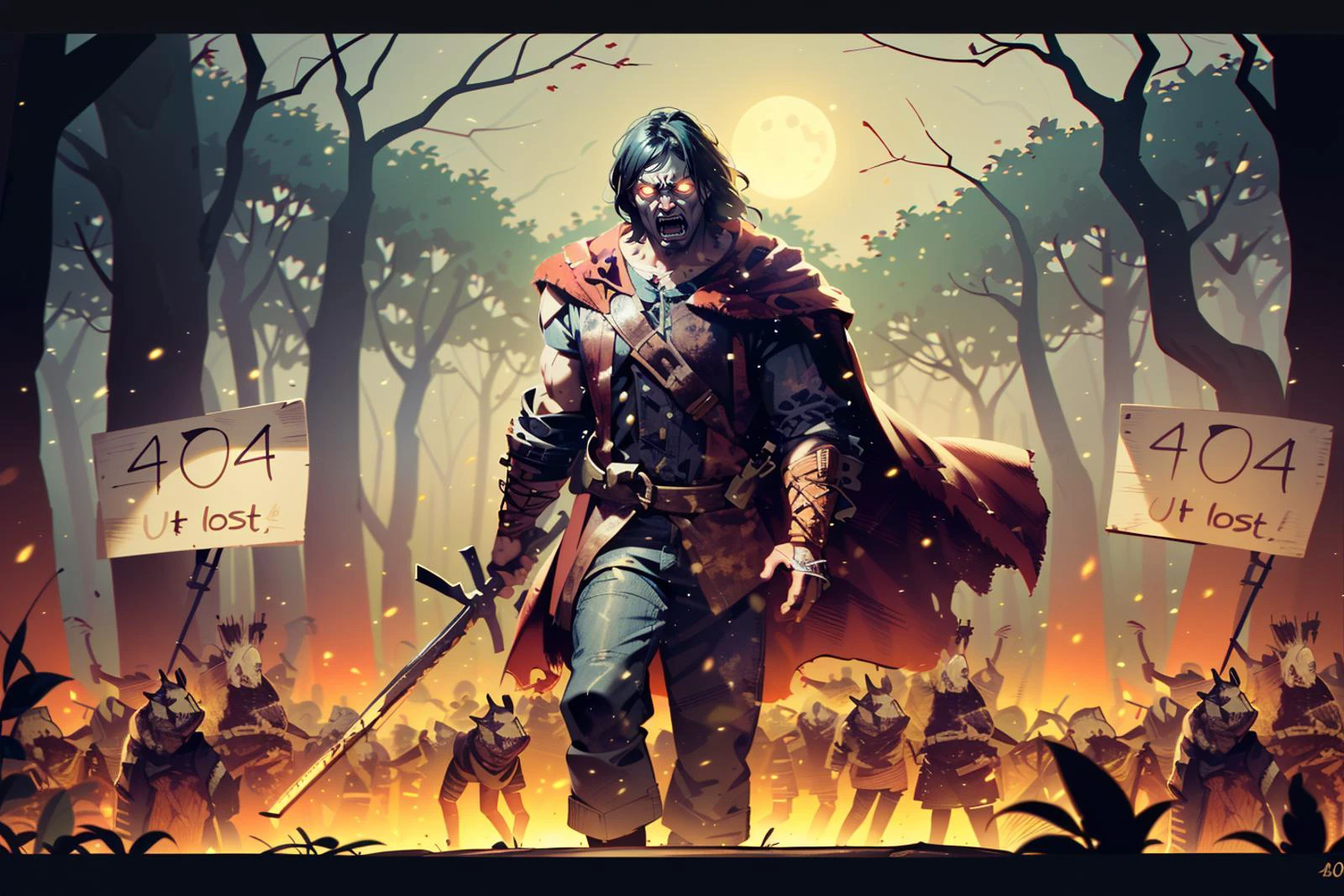 Masterpiece, High quality, RAW, a man with a big muscle screaming in the middle of a dark forest, scary expression, shock expression, night time, detailed, look at the camera, river, night forest, moonlight, dramatic lighting, backlight, vegetation, women in the bushes, many female zombies, (a sign saying "404 U r lost!":1.5), high angle camera, <lora:fisheye_slider_v10:1> moon light