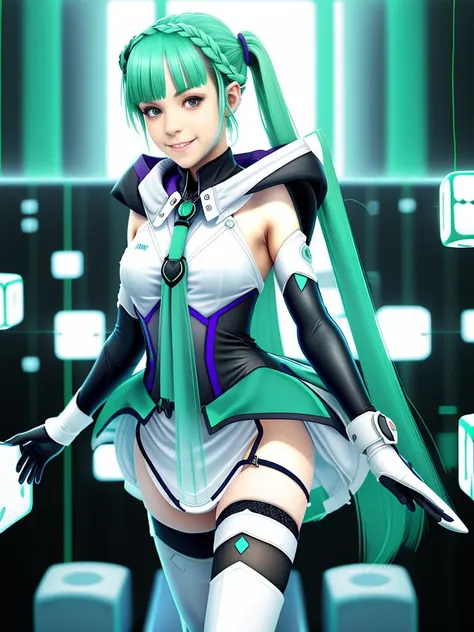 best quality, (masterpiece:1.2), illustration, absurdres, (1girl, solo), (beautiful detailed girl), <lora:Mare-08:0.8>, Mare, long hair, green hair, twintails, purple eyes, mechanical halo, tiny, petite, small, small breasts, hood, white dress, white boots, aqua skirt, see-through skirt, translucent skirt, long gloves, (black gloves, black thighhighs:1.1), proud, confident, happy, smile, (looking at viewer), ((flying, floating)), ((virtual, hacker, hacking, matrix, floating cubes))