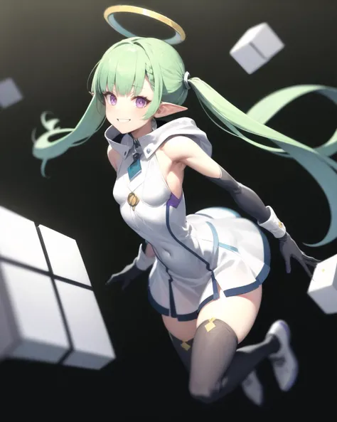 best quality, (masterpiece:1.2), illustration, absurdres,
(1girl, solo), (beautiful detailed girl),
<lora:Mare-08:0.8>, Mare, long hair, green hair, twintails, purple eyes, mechanical halo, tiny, petite, small, small breasts,
hood, white dress, white boots, aqua skirt, see-through skirt, translucent skirt, long gloves, (black gloves, black thighhighs:1.1),
proud, confident, happy, smile, (looking at viewer),
((flying, floating)),
((virtual, hacker, hacking, matrix, floating cubes))